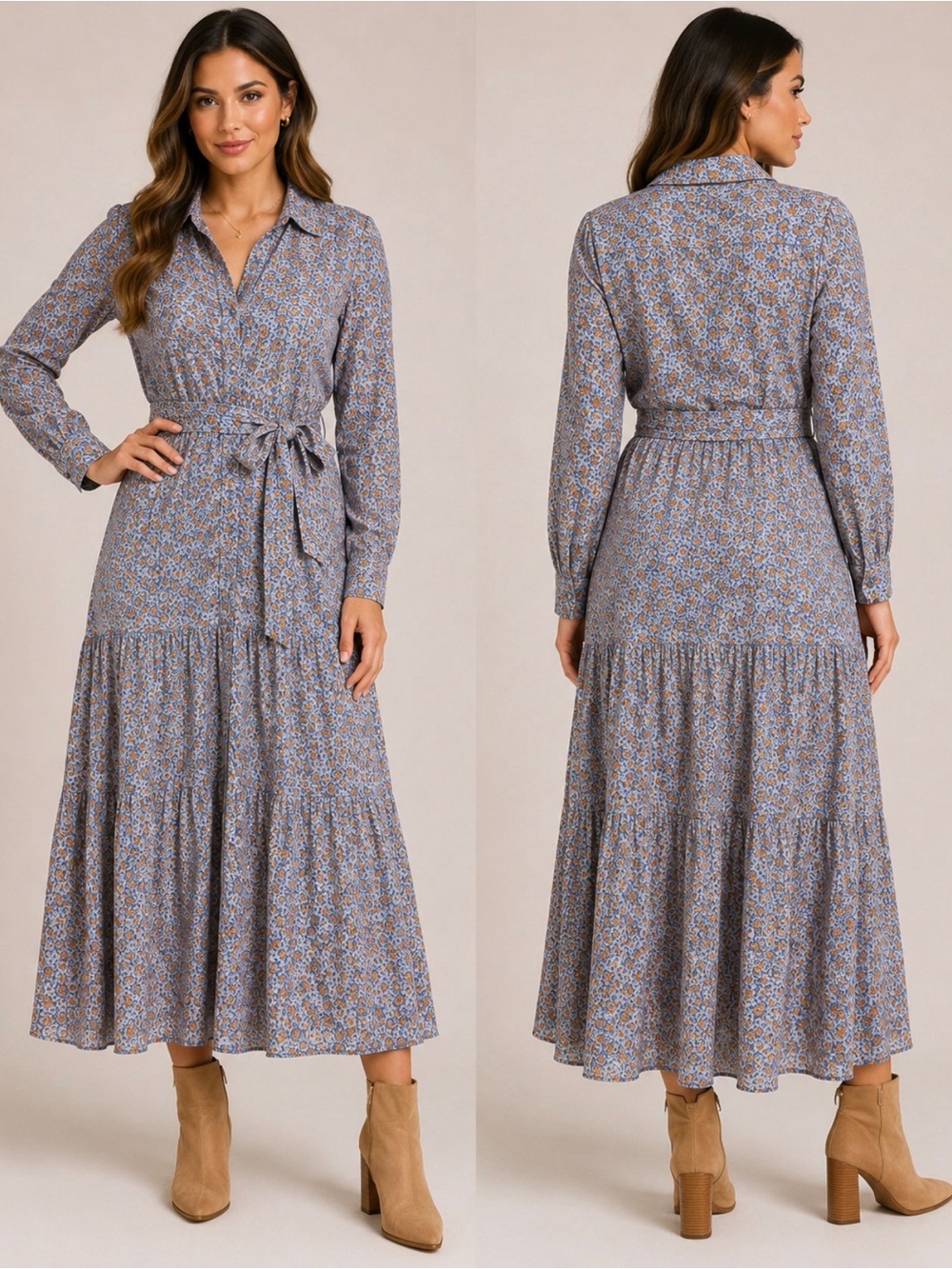 blanc noir Dusty Blue Floral Tiered Maxi Shirt Dress